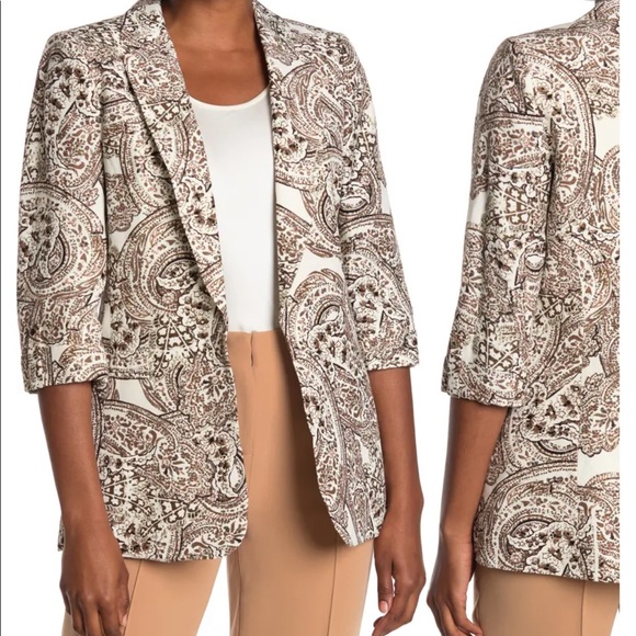 Calvin Klein Paisley Print Linen-Blend Collar Roll-Tab Sleeve Open Front Jacket - Picture 2 of 16